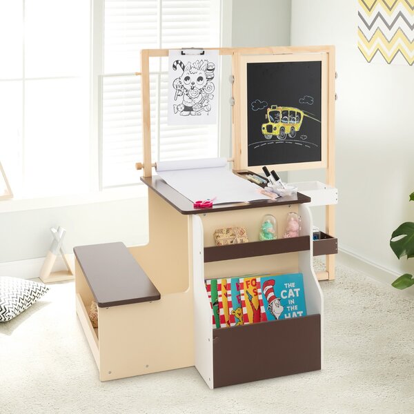 Costway Set tavolo e panca per bambini con cavalletto regolabile a doppia faccia, Centro artistico in legno 114x81x100cm Caffè