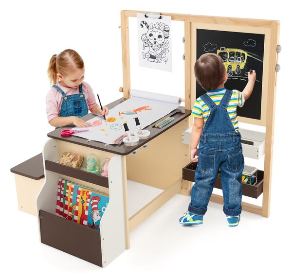 Costway Set tavolo e panca per bambini con cavalletto regolabile a doppia faccia, Centro artistico in legno 114x81x100cm Caffè