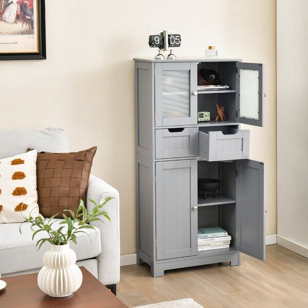 Costway Armadio da terra con 4 ante 2 cassetti e ripiani regolabili, Mobile da bagno indipendente multifunzionale Grigio