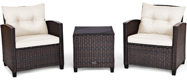 Costway Set di 3 mobili da patio con 4 cuscini rimovibili, Set di 2 sedie e 1 tavolino in rattan con piano in vetro Beige