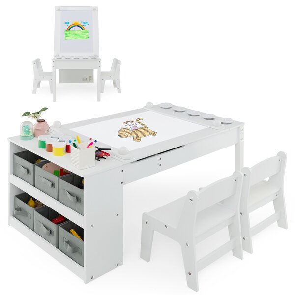 Costway Set tavolo e sedia da disegno per bambini, Tavolo artistico con piano sollevabile 6 contenitori rullo di carta Bianco