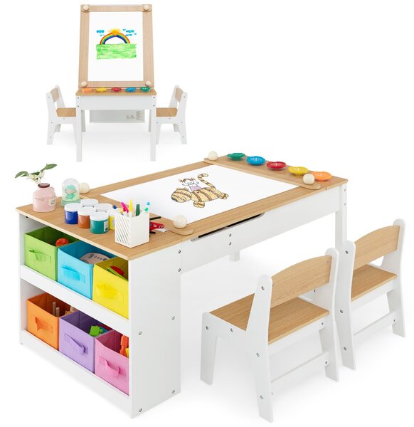 Costway Set tavolo e sedia da disegno per bambini, Tavolo artistico con piano sollevabile 6 contenitori rullo di carta Naturale