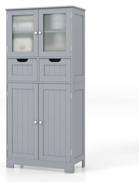 Costway Armadio da terra con 4 ante 2 cassetti e ripiani regolabili, Mobile da bagno indipendente multifunzionale Grigio