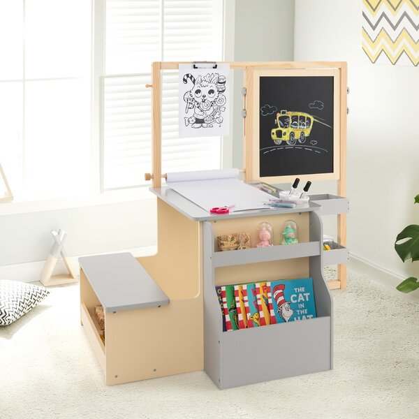 Costway Set tavolo e panca per bambini con cavalletto regolabile a doppia faccia, Centro artistico in legno 114x81x100cm Grigio