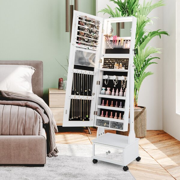 Costway Armadio portagioie con ruote luci LED specchietto trucco ripiano pieghevole, Armadietto portagioie alto 159cm Bianco