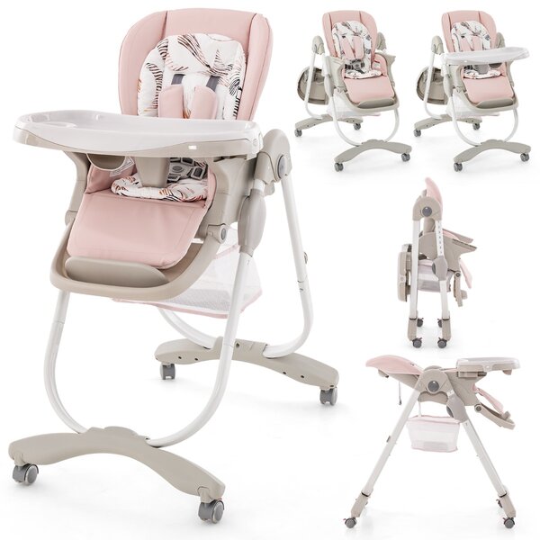 Costway Seggiolone per bambini e neonati con rotelle altezza regolabile poggiapiedi e schienale, Seggiolone pieghevole Rosa