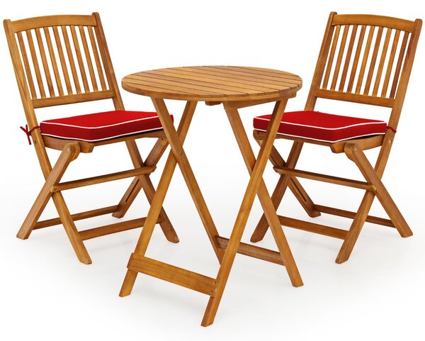 Costway Set 3 pezzi pieghevoli in legno di acacia da esterno, Set sedie e tavolo con cuscino imbottito Rosso