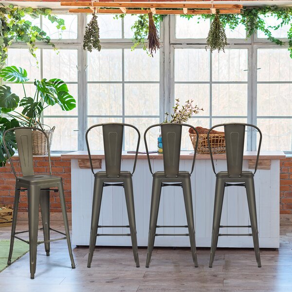 Costway Set di 4 sedie per ristorante in metallo da 116cm, Sgabelli da bar eleganti con schienale rimovibile Grigio