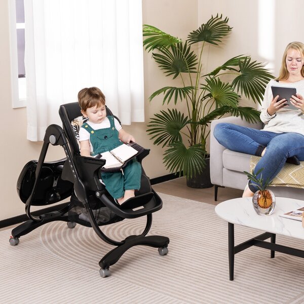 Costway Seggiolone per bambini e neonati con rotelle altezza regolabile poggiapiedi e schienale, Seggiolone pieghevole Nero