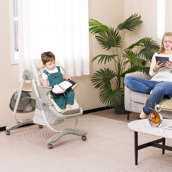 Costway Seggiolone per bambini e neonati con rotelle altezza regolabile poggiapiedi e schienale, Seggiolone pieghevole Bianco