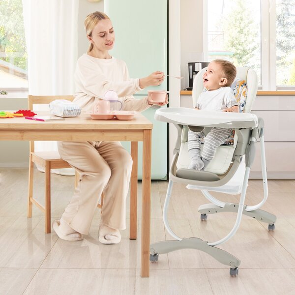 Costway Seggiolone per bambini e neonati con rotelle altezza regolabile poggiapiedi e schienale, Seggiolone pieghevole Bianco
