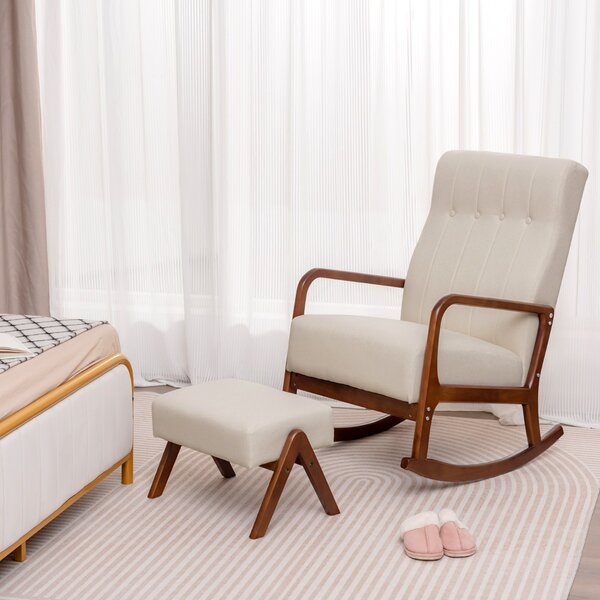Costway Poltrona a dondolo con poggiapiedi struttura in legno di gomma massello e cuscino imbottito, Set sedia a dondolo Beige