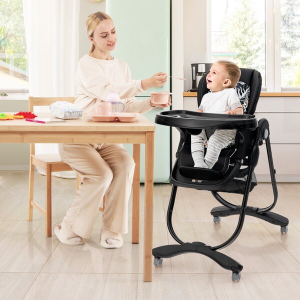 Costway Seggiolone per bambini e neonati con rotelle altezza regolabile poggiapiedi e schienale, Seggiolone pieghevole Nero
