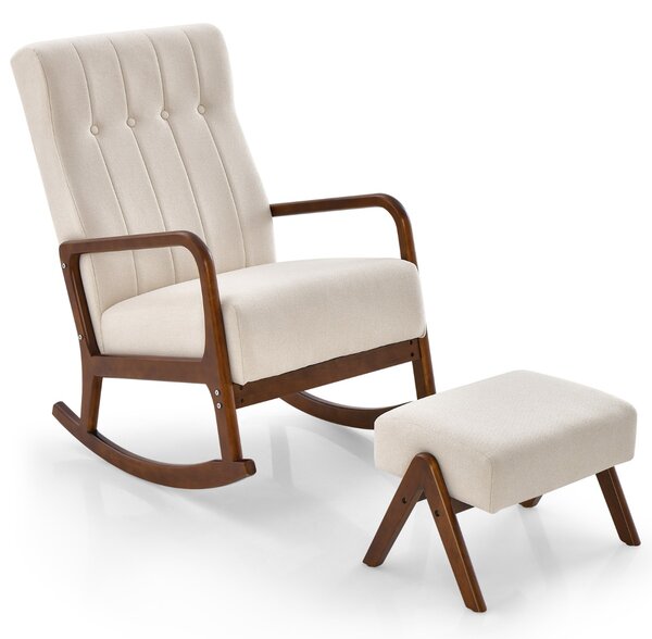 Costway Poltrona a dondolo con poggiapiedi struttura in legno di gomma massello e cuscino imbottito, Set sedia a dondolo Beige