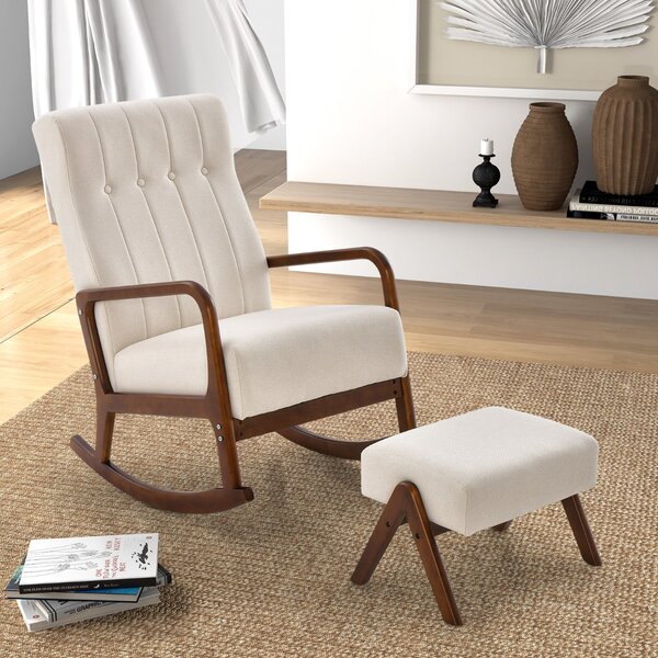 Costway Poltrona a dondolo con poggiapiedi struttura in legno di gomma massello e cuscino imbottito, Set sedia a dondolo Beige