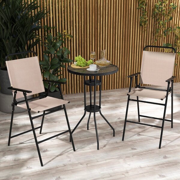 Costway Set bistrot da esterno 3 pezzi, Tavolo bar con 2 sedie pieghevoli piano in vetro temperato foro per ombrellone Beige