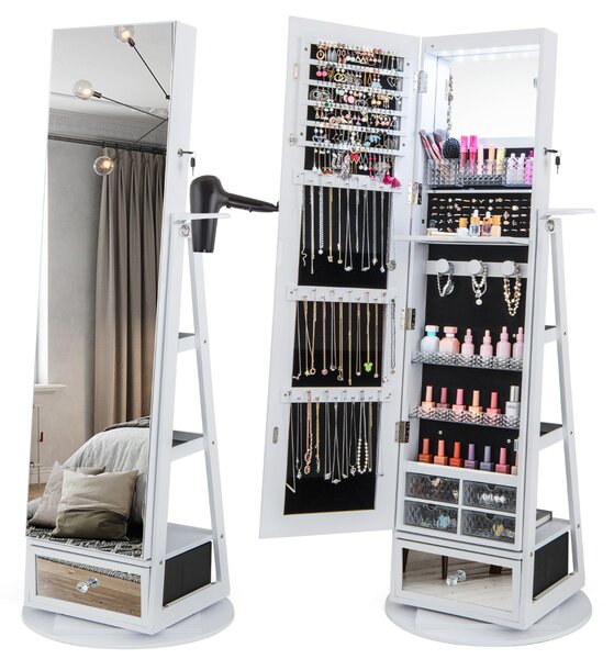 Costway Armadietto portagioie girevole a 360° con specchio lungo, Specchio portagioie con luci LED e specchietto Bianco