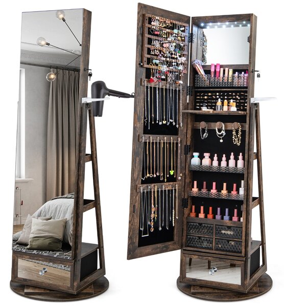 Costway Armadietto portagioie girevole a 360° con specchio lungo, Specchio portagioie con luci LED e specchietto Marrone
