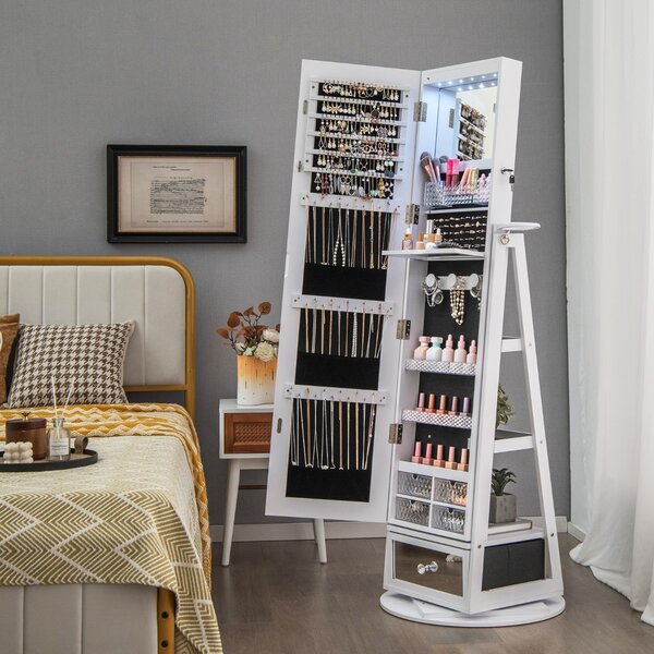 Costway Armadietto portagioie girevole a 360° con specchio lungo, Specchio portagioie con luci LED e specchietto Bianco