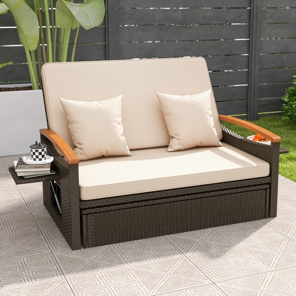 Costway Divano da giardino in rattan con cuscino e panca contenitore, Divano letto con schienale regolabile a 4 livelli 3 Colori