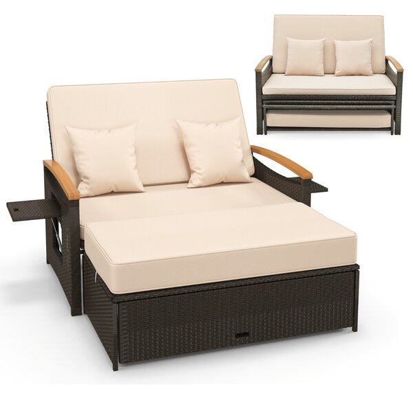 Costway Divano da giardino in rattan con cuscino e panca contenitore, Divano letto con schienale regolabile a 4 livelli 3 Colori