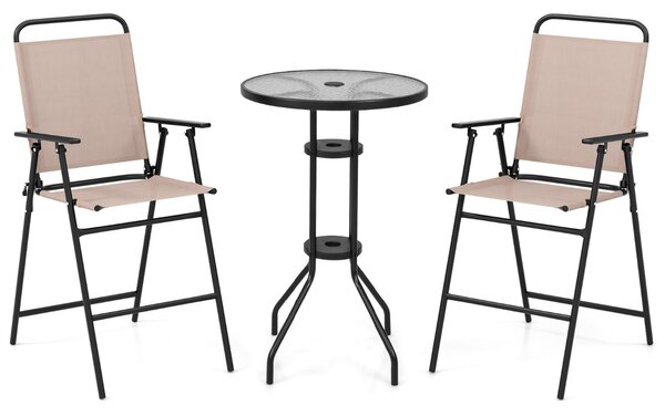 Costway Set bistrot da esterno 3 pezzi, Tavolo bar con 2 sedie pieghevoli piano in vetro temperato foro per ombrellone Beige