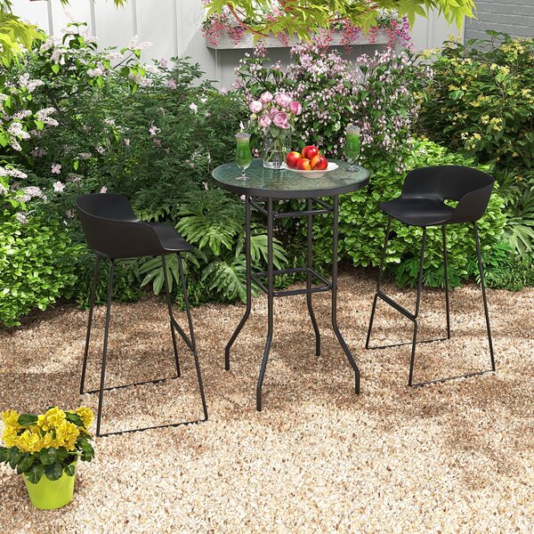 Costway Tavolo da bar per giardino con piano in vetro temperato e telaio in metallo resistente, Tavolo rotondo alto 97cm Nero