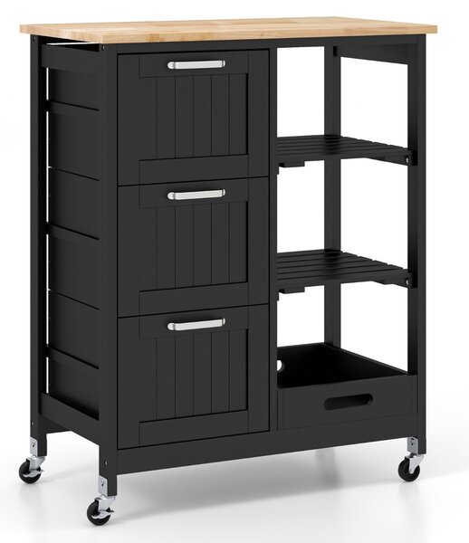 Costway Isola cucina con ruote bloccabili piano in legno di gomma e 2 ripiani rimovibili, Carrello multiuso Nero