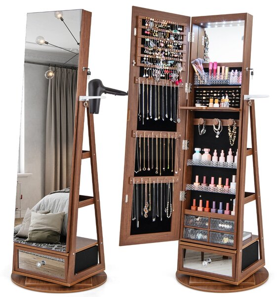 Costway Armadietto portagioie girevole a 360° con specchio lungo, Specchio portagioie con luci LED e specchietto Noce