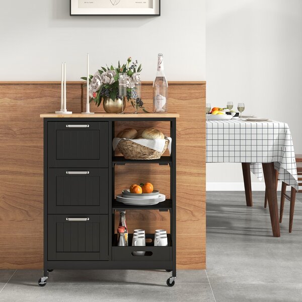Costway Isola cucina con ruote bloccabili piano in legno di gomma e 2 ripiani rimovibili, Carrello multiuso Nero