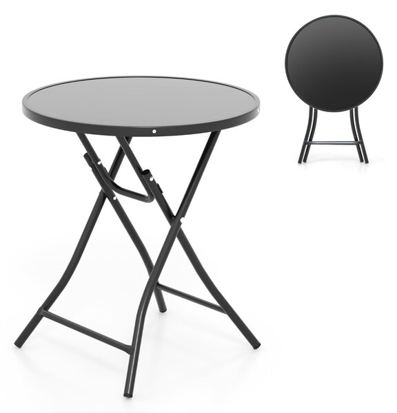 Costway Tavolo rotondo da 59cm con piano in vetro temperato struttura metallica robusta, Tavolino pieghevole per giardino