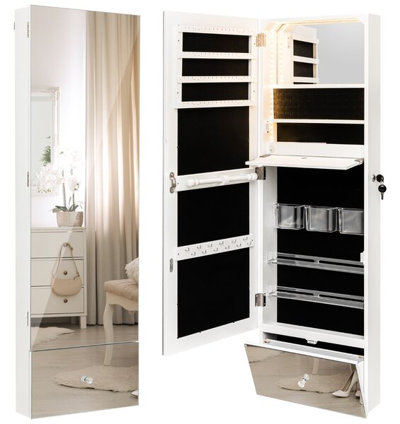 Costway Armadio specchio per gioielli con specchio lungo senza cornice specchietto interno, Armadietto portagioie a muro Bianco