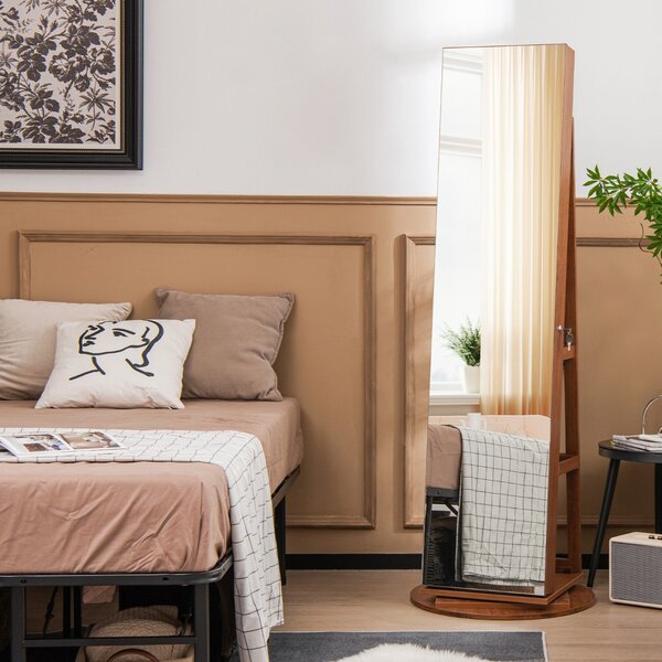 Costway Armadio portagioielli girevole con specchio a figura intera luci LED, Organizer da terra di gioielli Marrone