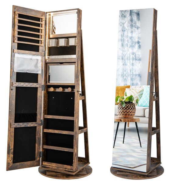 Costway Armadio portagioielli girevole con specchio a figura intera luci LED, Organizer da terra di gioielli Marrone Scuro