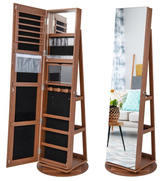 Costway Armadio portagioielli girevole con specchio a figura intera luci LED, Organizer da terra di gioielli Marrone