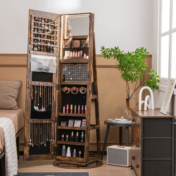 Costway Armadio portagioielli girevole con specchio a figura intera luci LED, Organizer da terra di gioielli Marrone Scuro