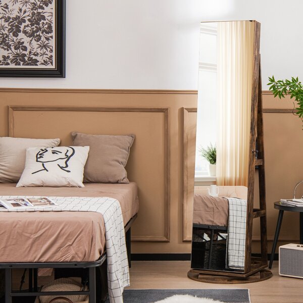 Costway Armadio portagioielli girevole con specchio a figura intera luci LED, Organizer da terra di gioielli Marrone Scuro