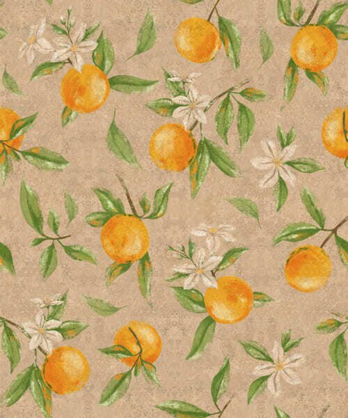 Carta da parati Arance, foglie verdi e fiori bianchi, Parati classici Cibo e bevande, a01264 : Uwalls.it