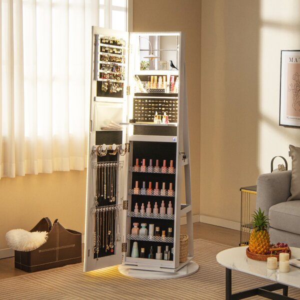 Costway Mobile portagioie con specchio a LED regolabile, Armadio organizer portagioie con mensola pieghevole per trucco Bianco