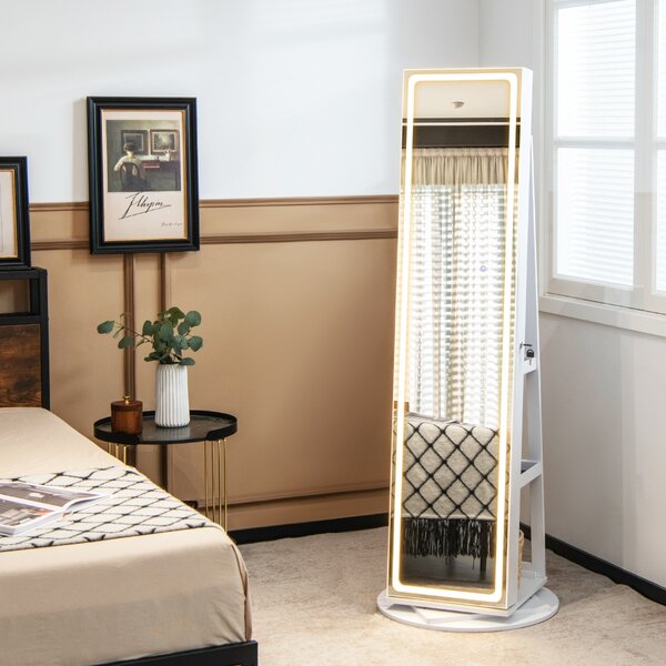 Costway Mobile portagioie con specchio a LED regolabile, Armadio organizer portagioie con mensola pieghevole per trucco Bianco