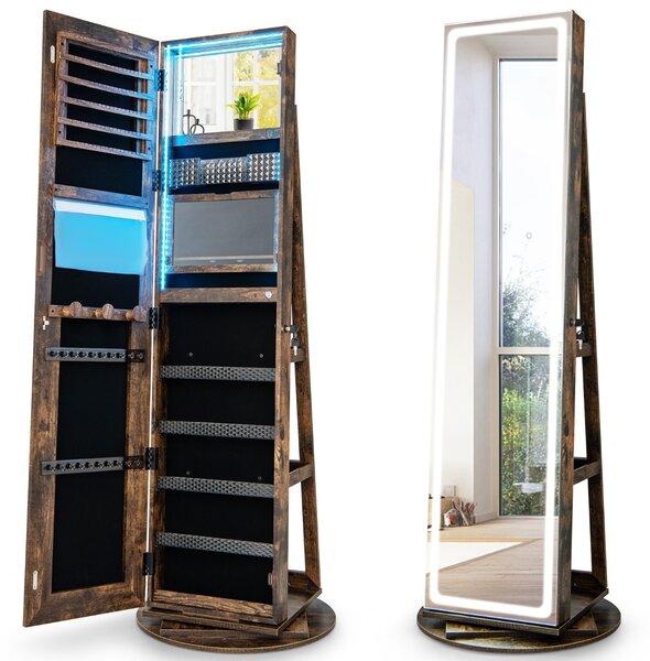 Costway Mobile portagioie con specchio a LED regolabile, Armadio organizer portagioie con mensola pieghevole per trucco Caffè