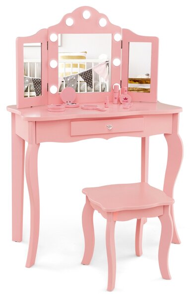 Costway Set tavolo da trucco per bambini con sgabello, Set tavolo vanity principessa con specchio a tre pieghe in vetro Rosa
