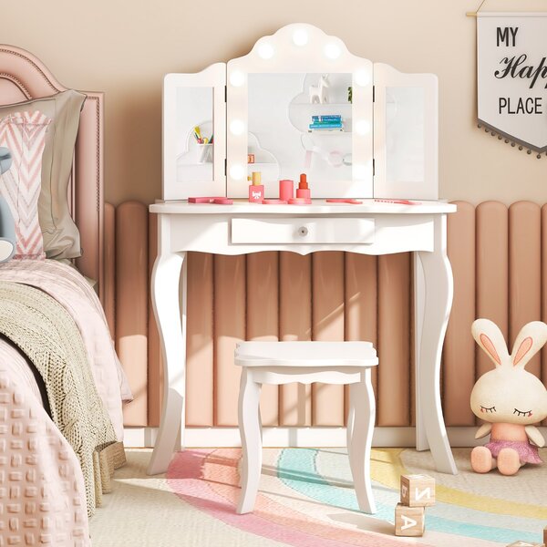 Costway Set tavolo da trucco per bambini con sgabello, Set tavolo vanity principessa con specchio a tre pieghe in vetro Bianco