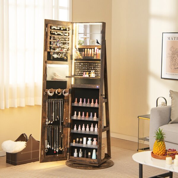 Costway Mobile portagioie con specchio a LED regolabile, Armadio organizer portagioie con mensola pieghevole per trucco Caffè