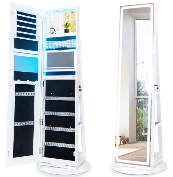 Costway Mobile portagioie con specchio a LED regolabile, Armadio organizer portagioie con mensola pieghevole per trucco Bianco