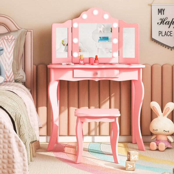 Costway Set tavolo da trucco per bambini con sgabello, Set tavolo vanity principessa con specchio a tre pieghe in vetro Rosa