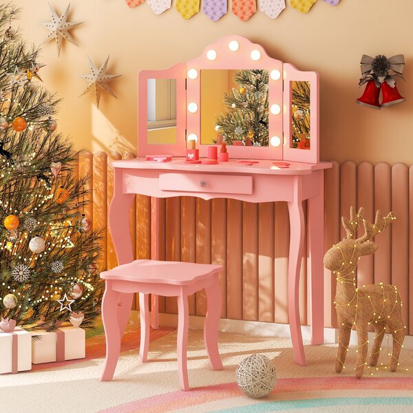Costway Set tavolo da trucco per bambini con sgabello, Set tavolo vanity principessa con specchio a tre pieghe in vetro Rosa