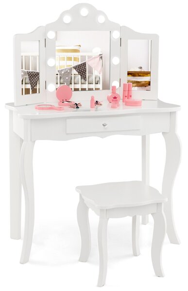 Costway Set tavolo da trucco per bambini con sgabello, Set tavolo vanity principessa con specchio a tre pieghe in vetro Bianco