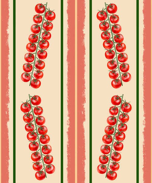 Carta da parati Grappoli di pomodori rossi tra strisce verticali, Parati classici Cibo e bevande, a01266 : Uwalls.it