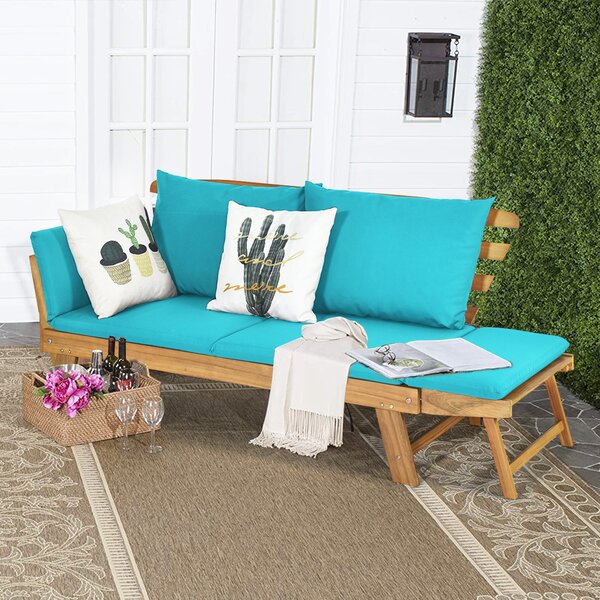 Costway Divano letto convertibile in legno d'acacia con braccioli regolabili cuscini, Chaise longue da esterno Verde chiaro